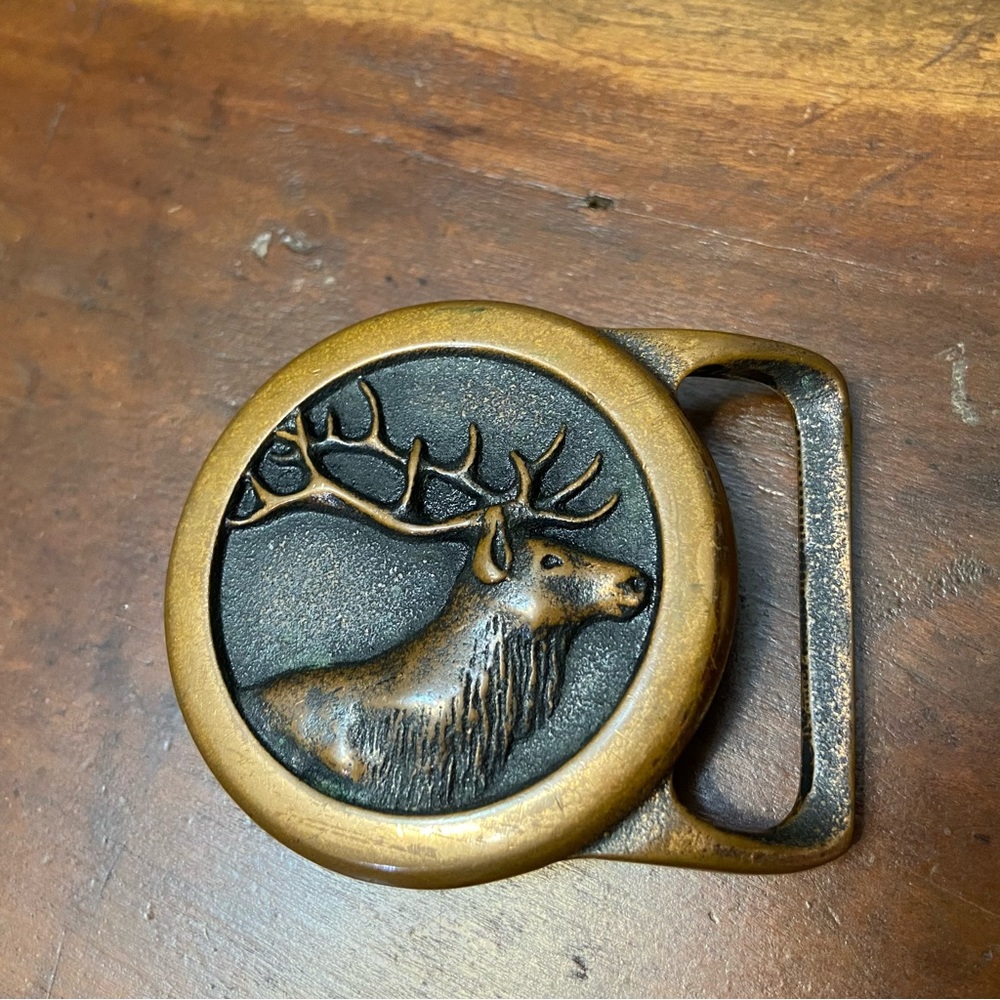 Rare Vintage 1978 Solid Brass Mens Elk Belt Buckle